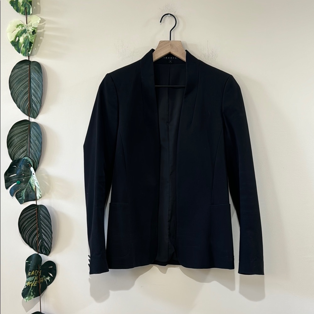 Theory Black Collarless Blazer Size 2‎ Open Front Jacket Kacela Checklist